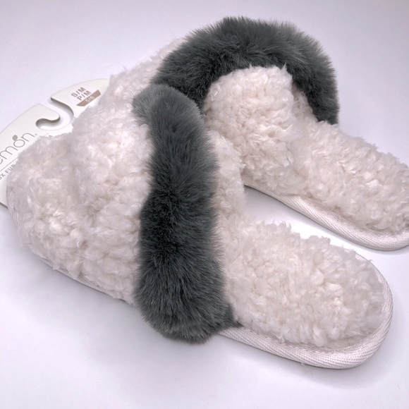 LEMON Gray Faux Fur & Creme Faux Sherpa Slippers Crisscross Style Sz S/M 5-6 - Picture 1 of 10